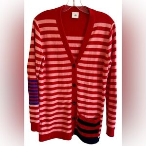 Cabi Cardigan Sweater Womens Small Red Pink Striped Button Pocket Cotton Knit